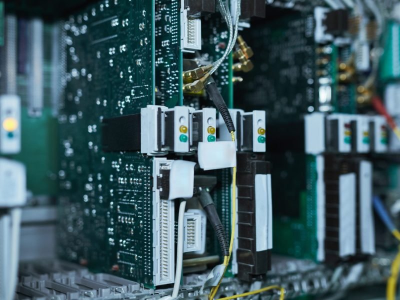 Background image of blade servers in server cabinet at supercomputer or data center, copy space